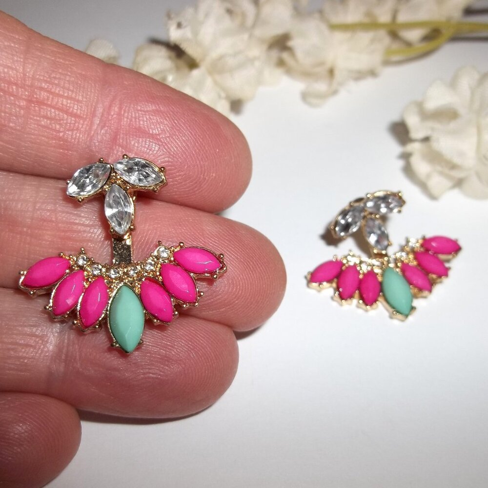 Earring Jacket Faux White Diamond Rhinestone Pink Green Set Pair Jewelry D052